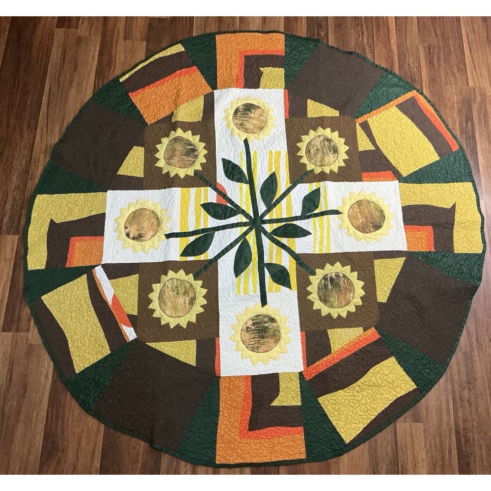 Handmade Round Patchwork Quilted Tabletop Appliqued Sunflowers 66in"